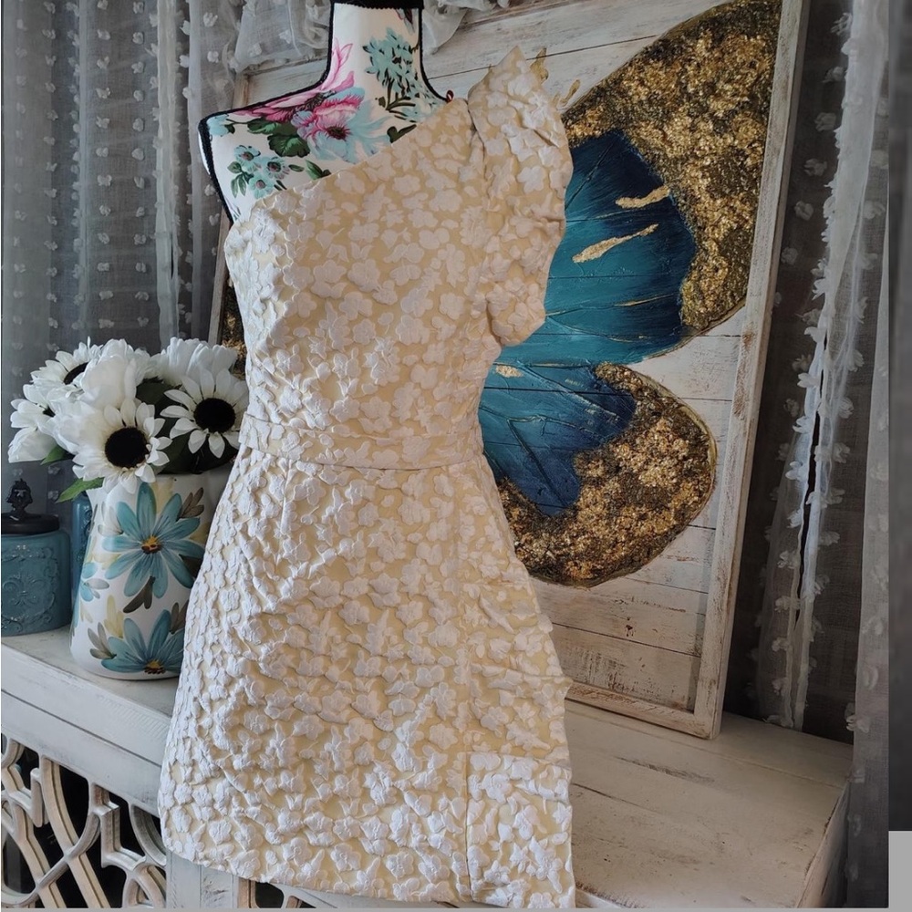Monique Lhuillier Cream and Gold One-Shoulder Dress